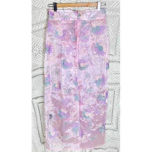 NWOT Designer Natali Women’s Maxi Skirt Sz Small Pink Floral Embroidered Overlay - Picture 2 of 6